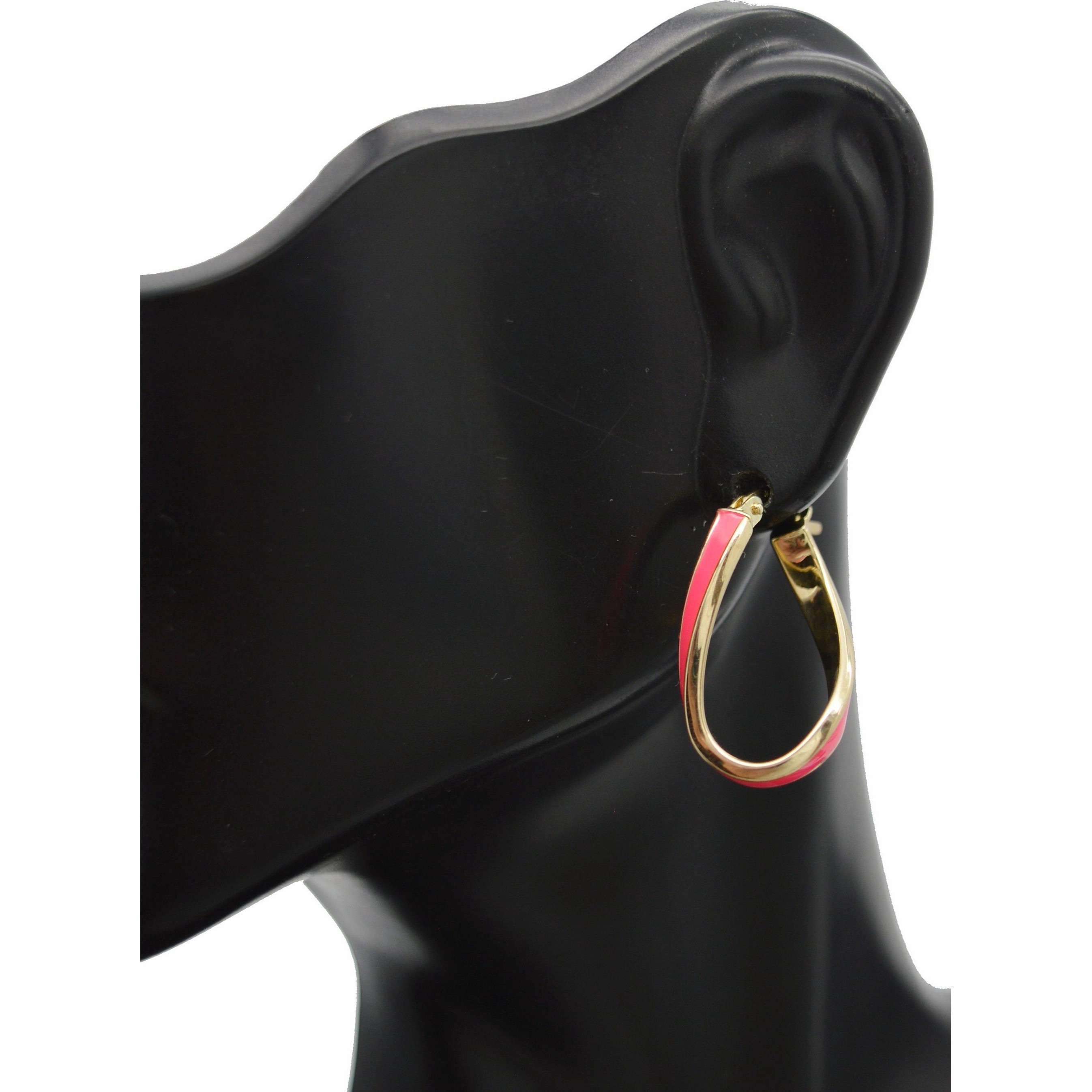 Real 14k Yellow Gold 24.3mm Neon Pink Enamel Oval Twist Hoop Earrings 2.0 Gram